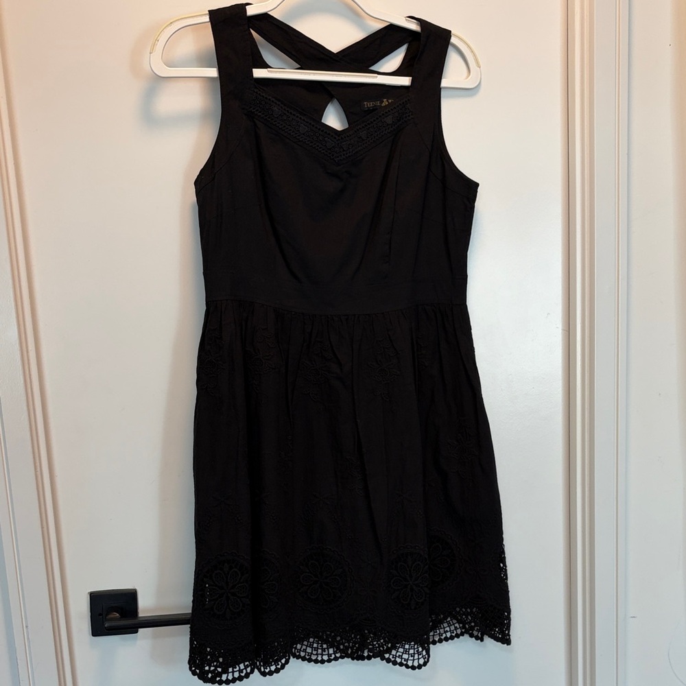 Black Sleeveless Mini Dress with Crochet Hem and Crossback